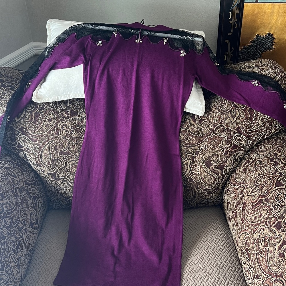 New size S, VENUS Deep Purple Long Sleeve Dress with Lace and crystals.